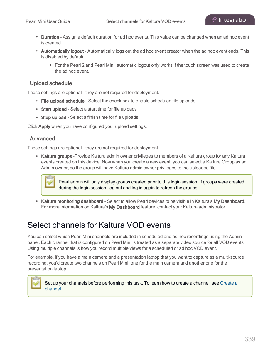 Select channels for kaltura vod events, Upload schedule, Advanced | Epiphan Pearl Mini Live Video Production System with 512GB SSD (NA/JP) User Manual | Page 350 / 459