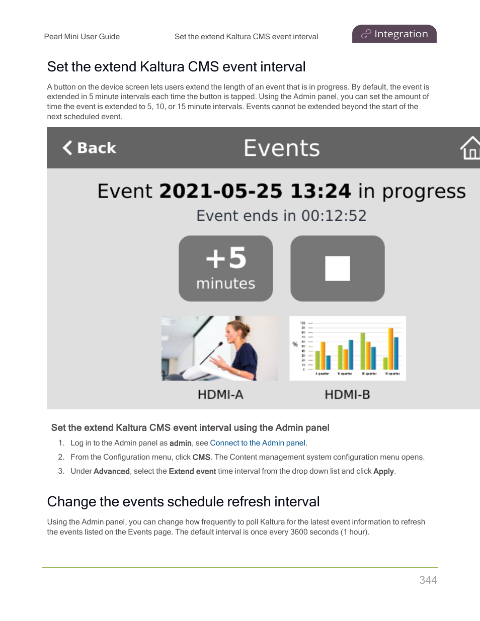 Set the extend kaltura cms event interval, Change the events schedule refresh interval | Epiphan Pearl Mini Live Video Production System with 512GB SSD (NA/JP) User Manual | Page 355 / 459