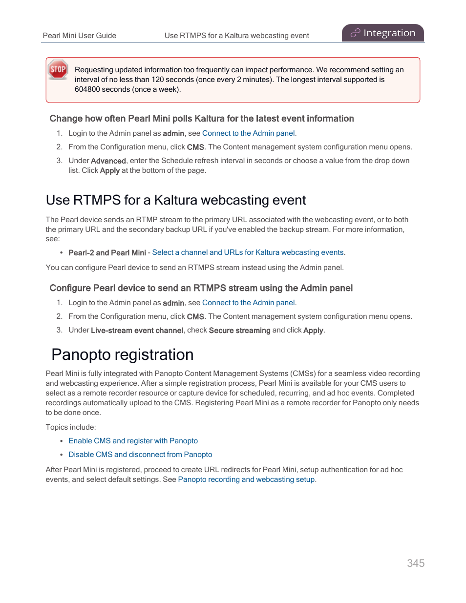 Panopto registration, Use rtmps for a kaltura webcasting event | Epiphan Pearl Mini Live Video Production System with 512GB SSD (NA/JP) User Manual | Page 356 / 459