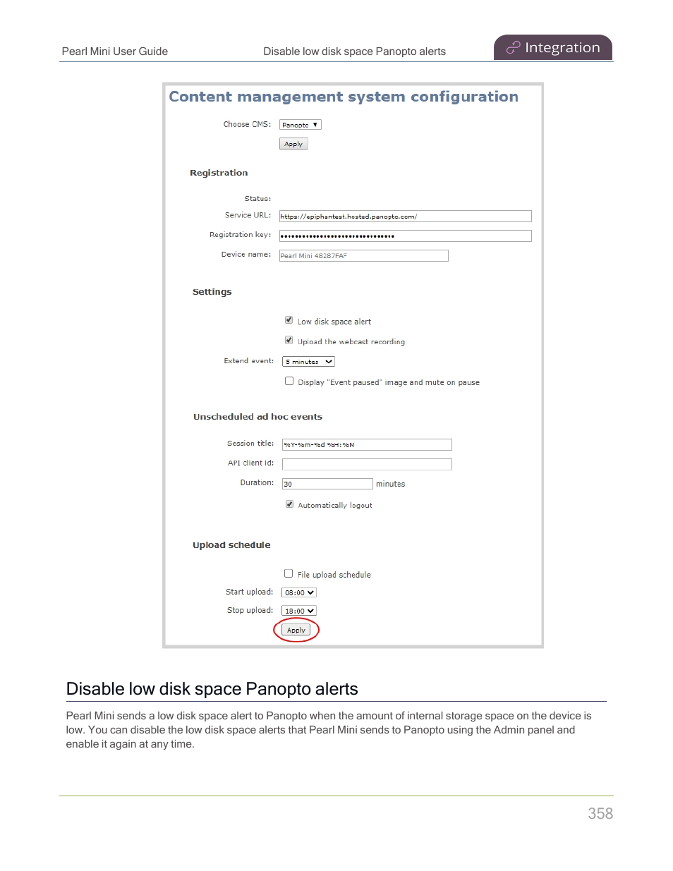 Disable low disk space panopto alerts | Epiphan Pearl Mini Live Video Production System with 512GB SSD (NA/JP) User Manual | Page 369 / 459