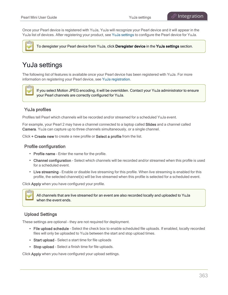 Yuja settings, Yuja profiles, Profile configuration | Upload settings | Epiphan Pearl Mini Live Video Production System with 512GB SSD (NA/JP) User Manual | Page 374 / 459