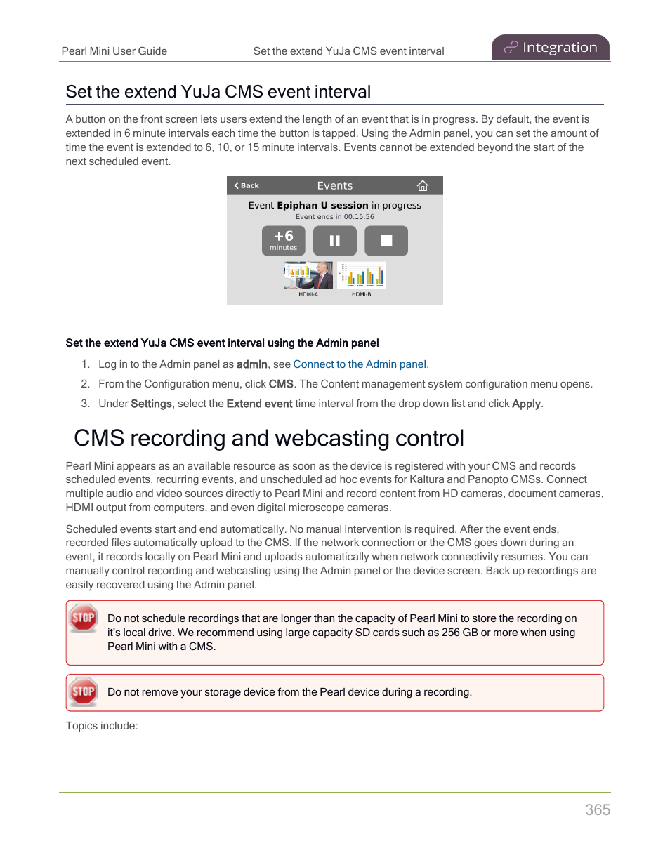 Cms recording and webcasting control, Set the extend yuja cms event interval | Epiphan Pearl Mini Live Video Production System with 512GB SSD (NA/JP) User Manual | Page 376 / 459