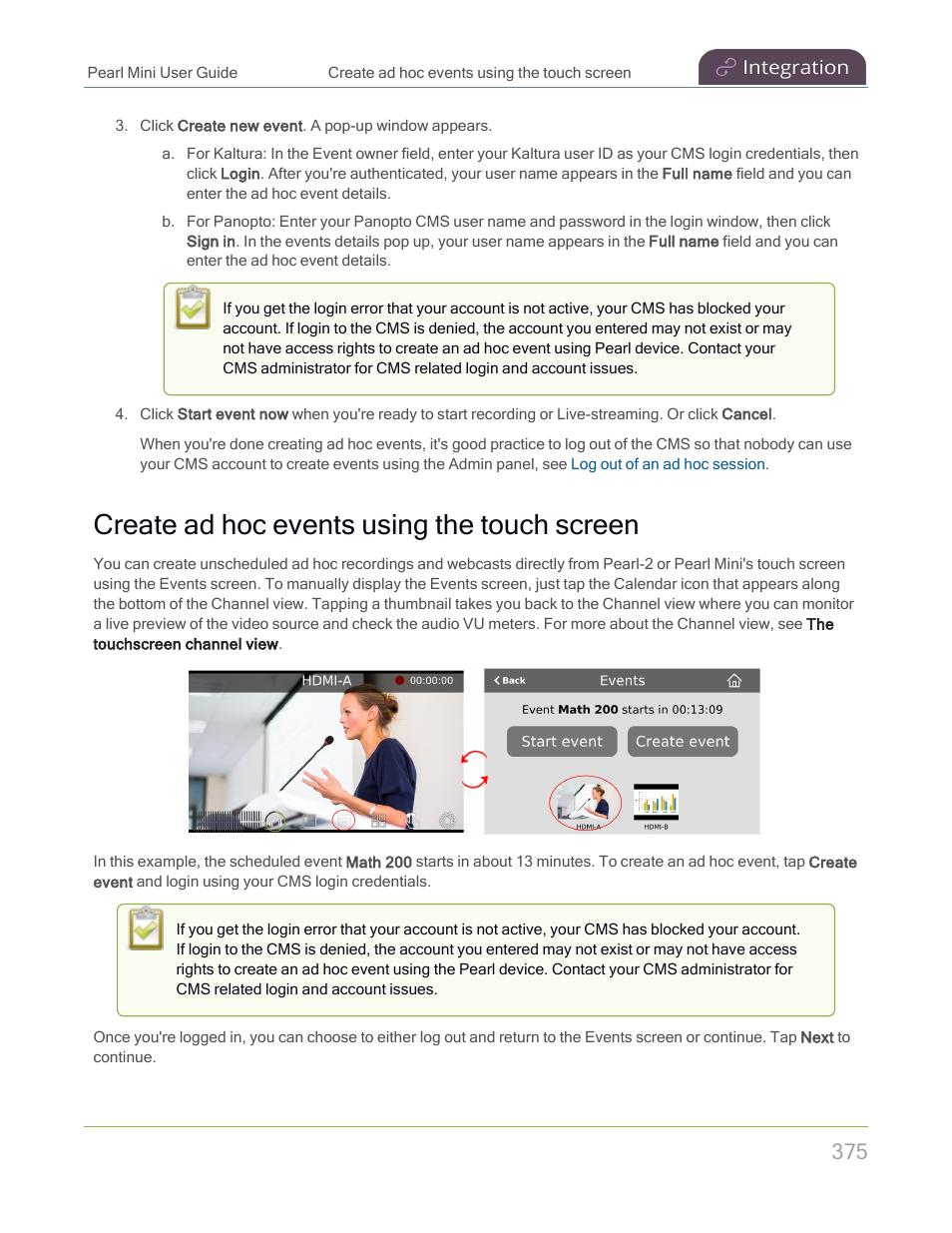 Create ad hoc events using the touch screen | Epiphan Pearl Mini Live Video Production System with 512GB SSD (NA/JP) User Manual | Page 386 / 459