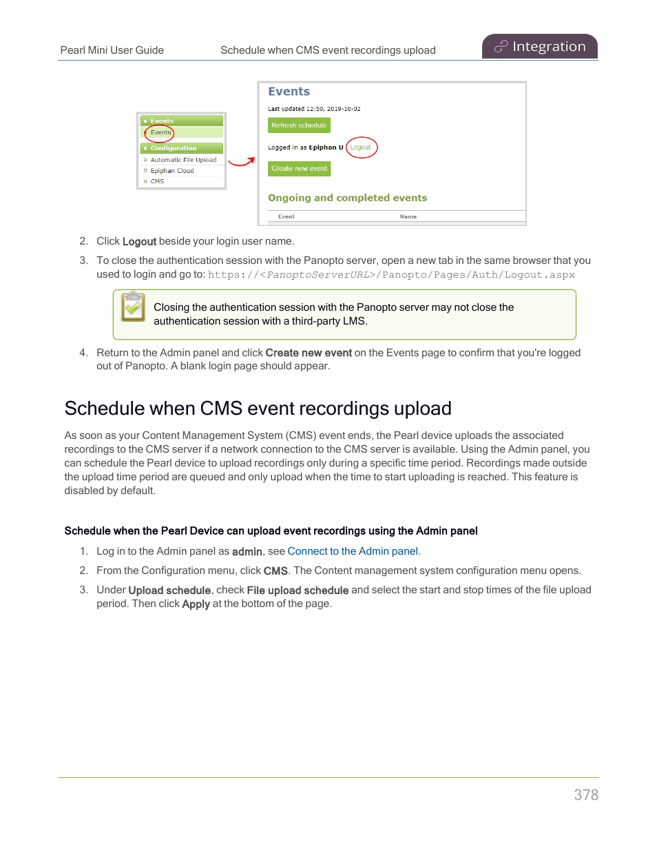 Schedule when cms event recordings upload | Epiphan Pearl Mini Live Video Production System with 512GB SSD (NA/JP) User Manual | Page 389 / 459