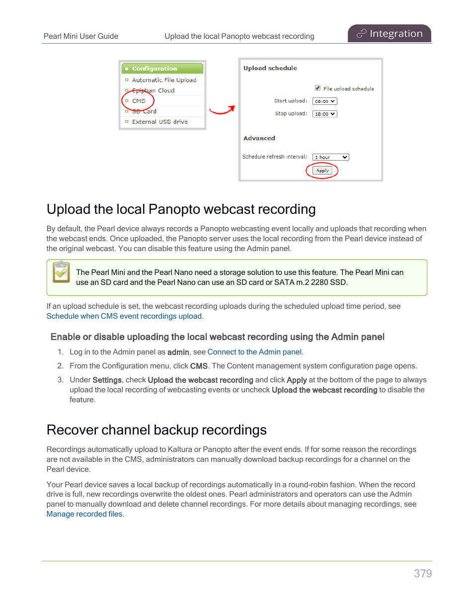 Upload the local panopto webcast recording, Recover channel backup recordings | Epiphan Pearl Mini Live Video Production System with 512GB SSD (NA/JP) User Manual | Page 390 / 459