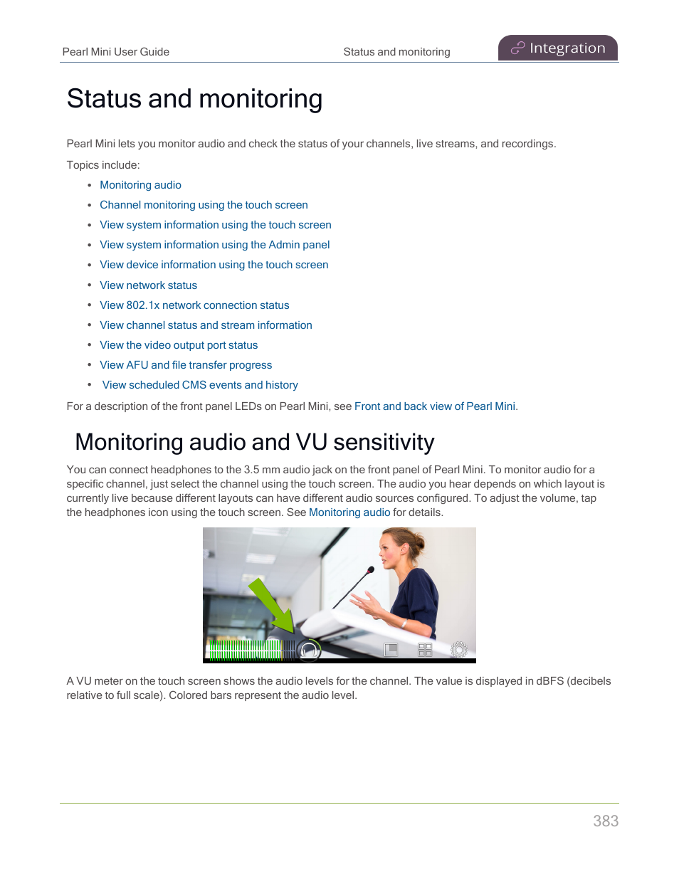 Status and monitoring, Monitoring audio and vu sensitivity | Epiphan Pearl Mini Live Video Production System with 512GB SSD (NA/JP) User Manual | Page 394 / 459