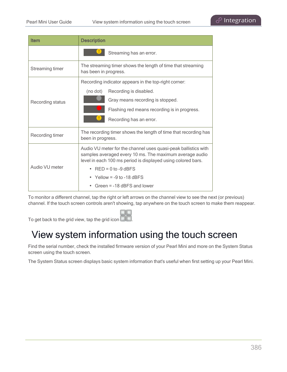 View system information using the touch screen | Epiphan Pearl Mini Live Video Production System with 512GB SSD (NA/JP) User Manual | Page 397 / 459