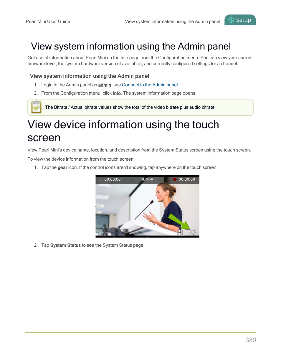 View device information using the touch screen, View system information using the admin panel | Epiphan Pearl Mini Live Video Production System with 512GB SSD (NA/JP) User Manual | Page 400 / 459