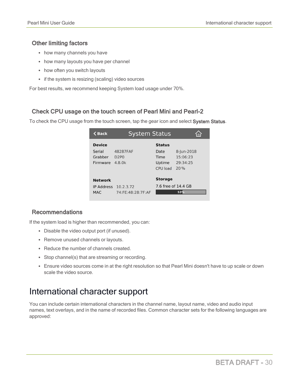 International character support, Beta draft - 30, Other limiting factors | Recommendations | Epiphan Pearl Mini Live Video Production System with 512GB SSD (NA/JP) User Manual | Page 41 / 459