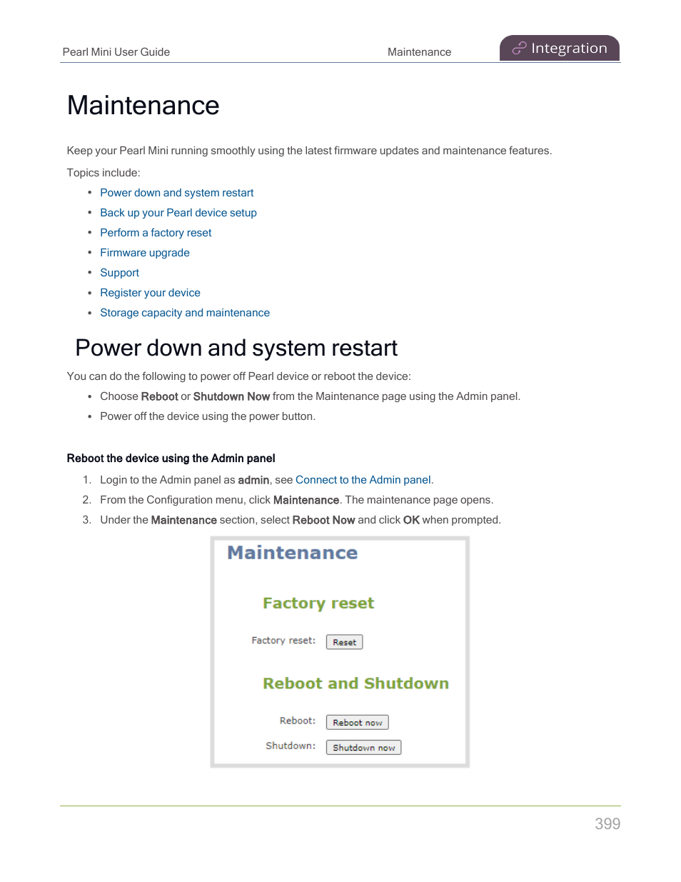 Maintenance, Power down and system restart | Epiphan Pearl Mini Live Video Production System with 512GB SSD (NA/JP) User Manual | Page 410 / 459