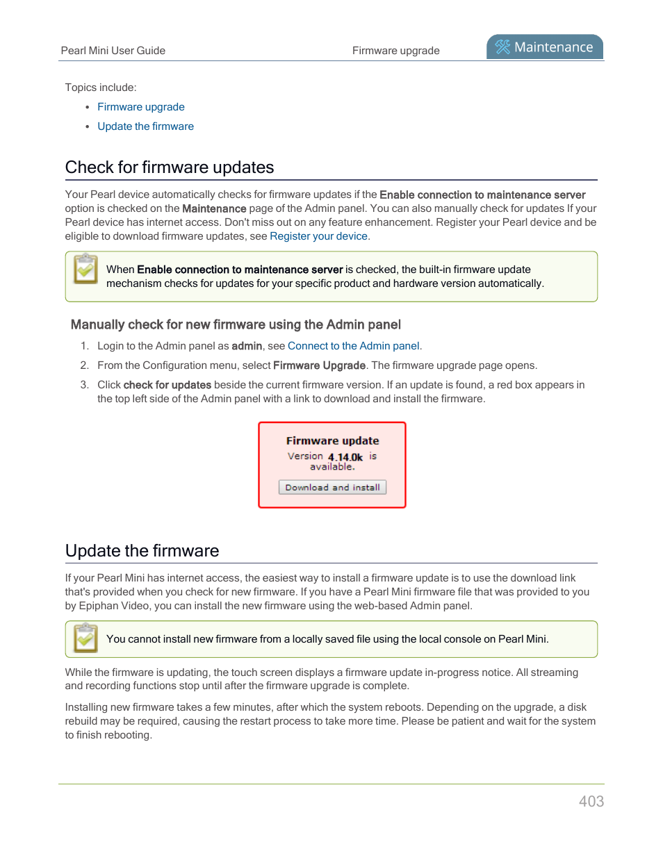 Check for firmware updates, Update the firmware | Epiphan Pearl Mini Live Video Production System with 512GB SSD (NA/JP) User Manual | Page 414 / 459
