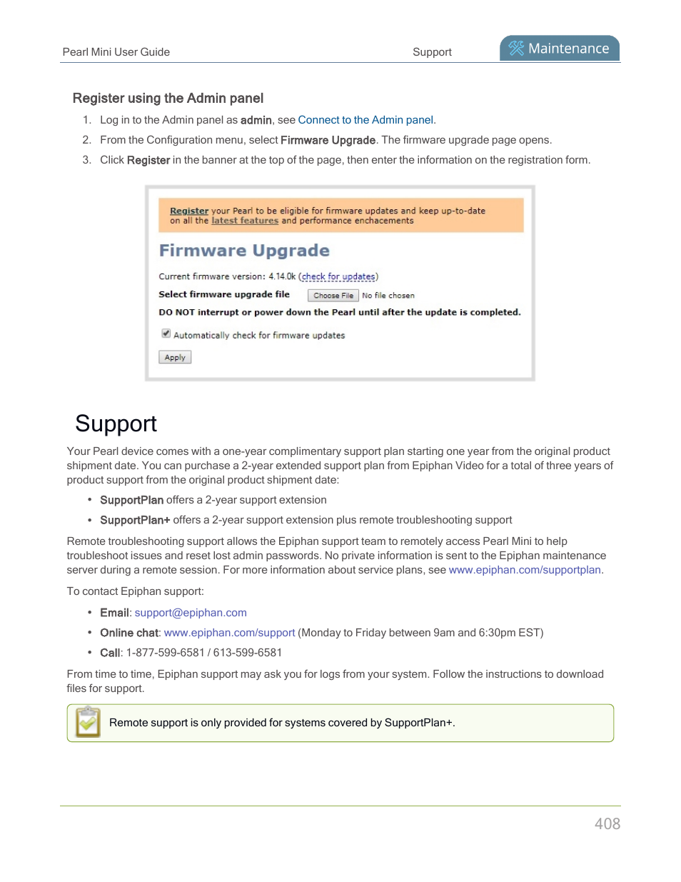 Support, Register using the admin panel | Epiphan Pearl Mini Live Video Production System with 512GB SSD (NA/JP) User Manual | Page 419 / 459