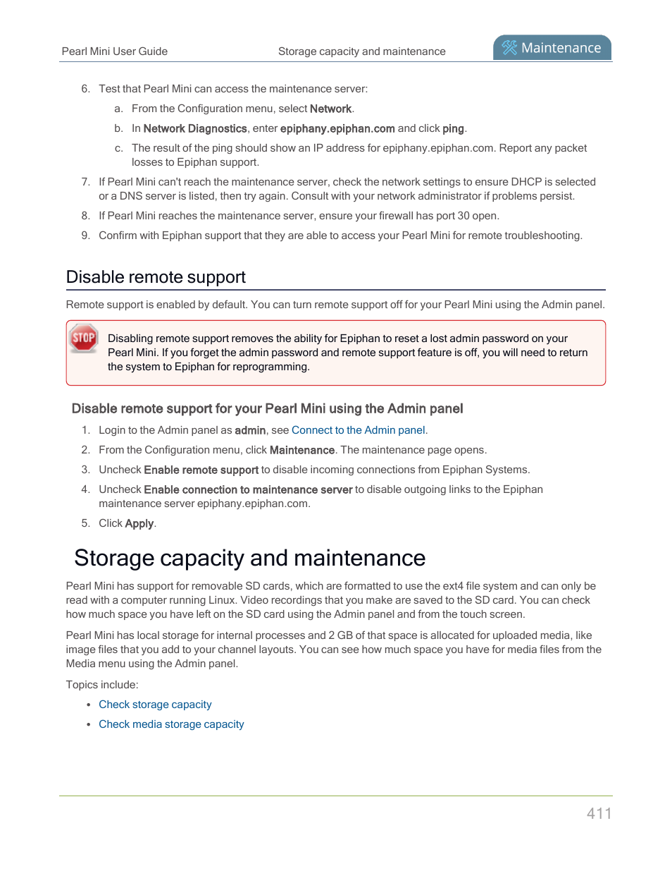 Storage capacity and maintenance, Disable remote support | Epiphan Pearl Mini Live Video Production System with 512GB SSD (NA/JP) User Manual | Page 422 / 459