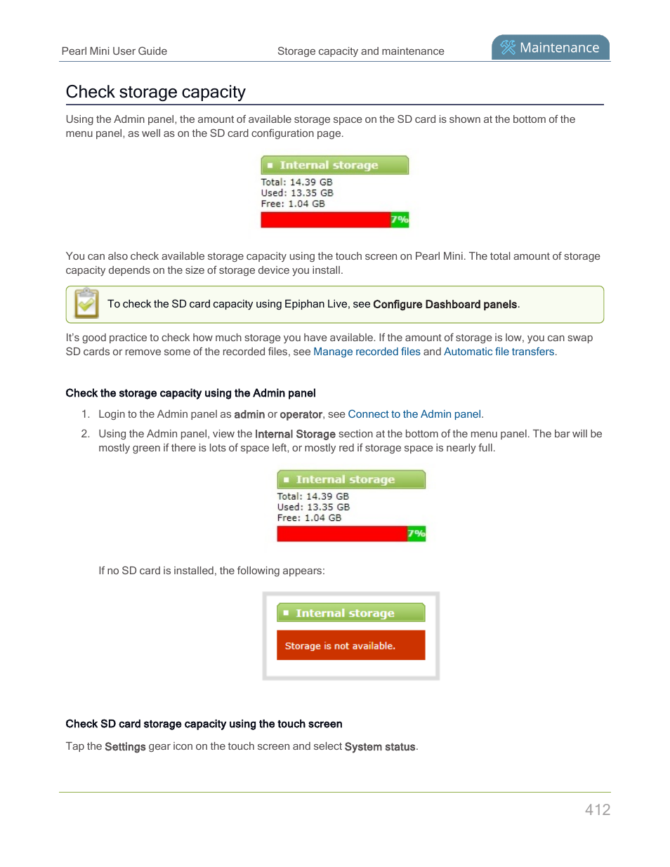 Check storage capacity | Epiphan Pearl Mini Live Video Production System with 512GB SSD (NA/JP) User Manual | Page 423 / 459