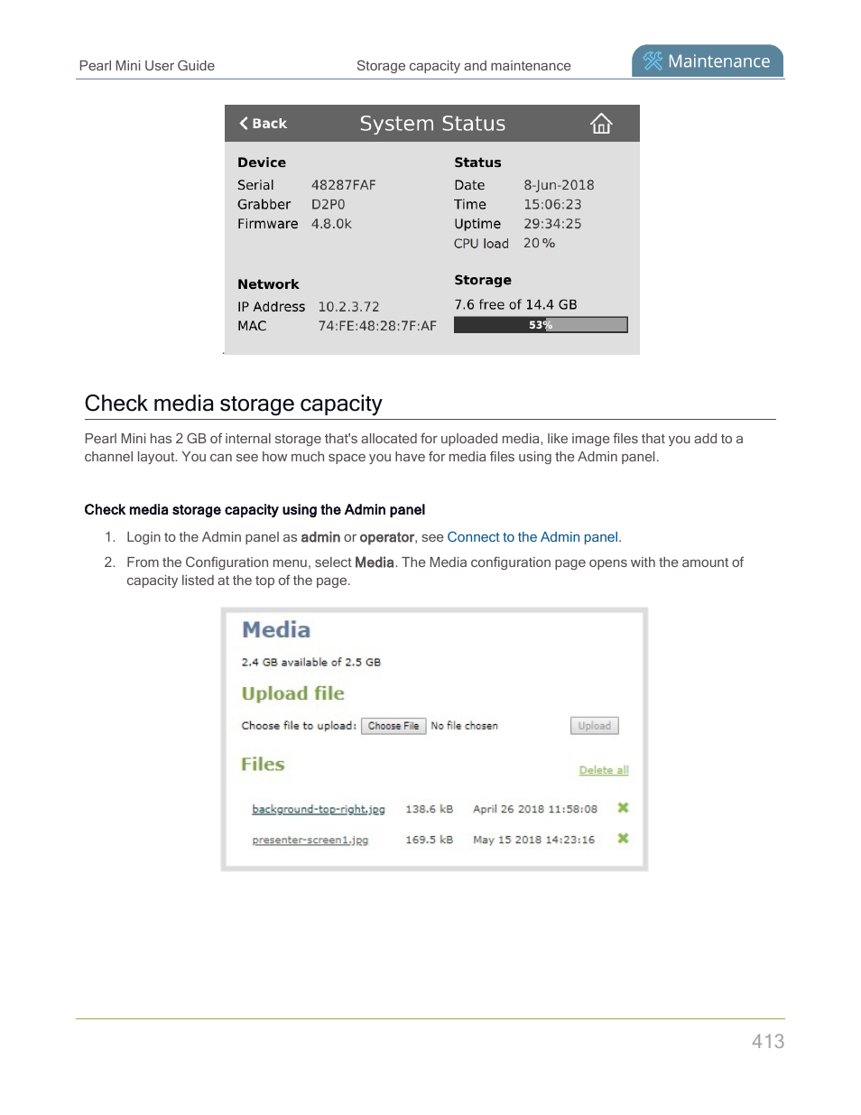 Check media storage capacity | Epiphan Pearl Mini Live Video Production System with 512GB SSD (NA/JP) User Manual | Page 424 / 459