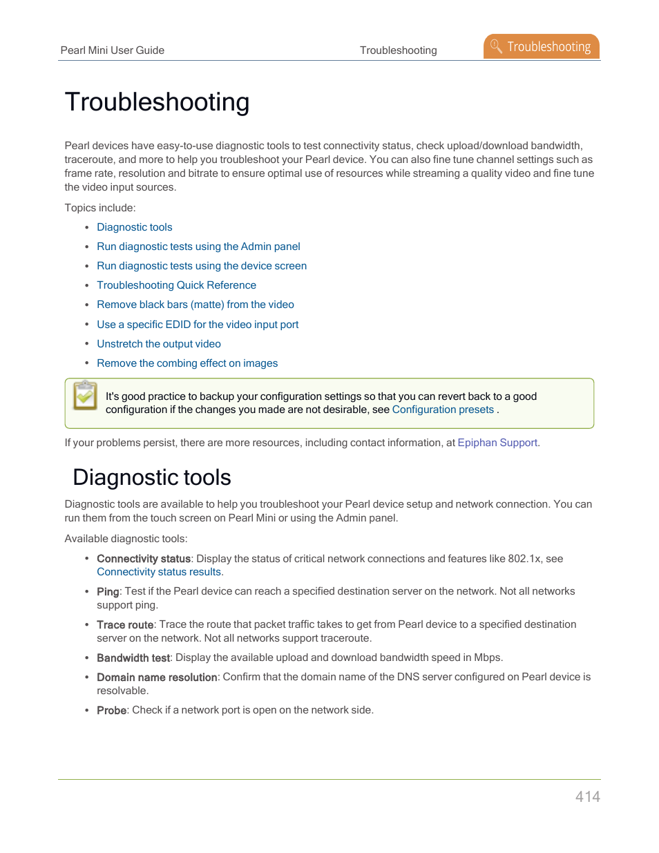 Troubleshooting, Diagnostic tools | Epiphan Pearl Mini Live Video Production System with 512GB SSD (NA/JP) User Manual | Page 425 / 459