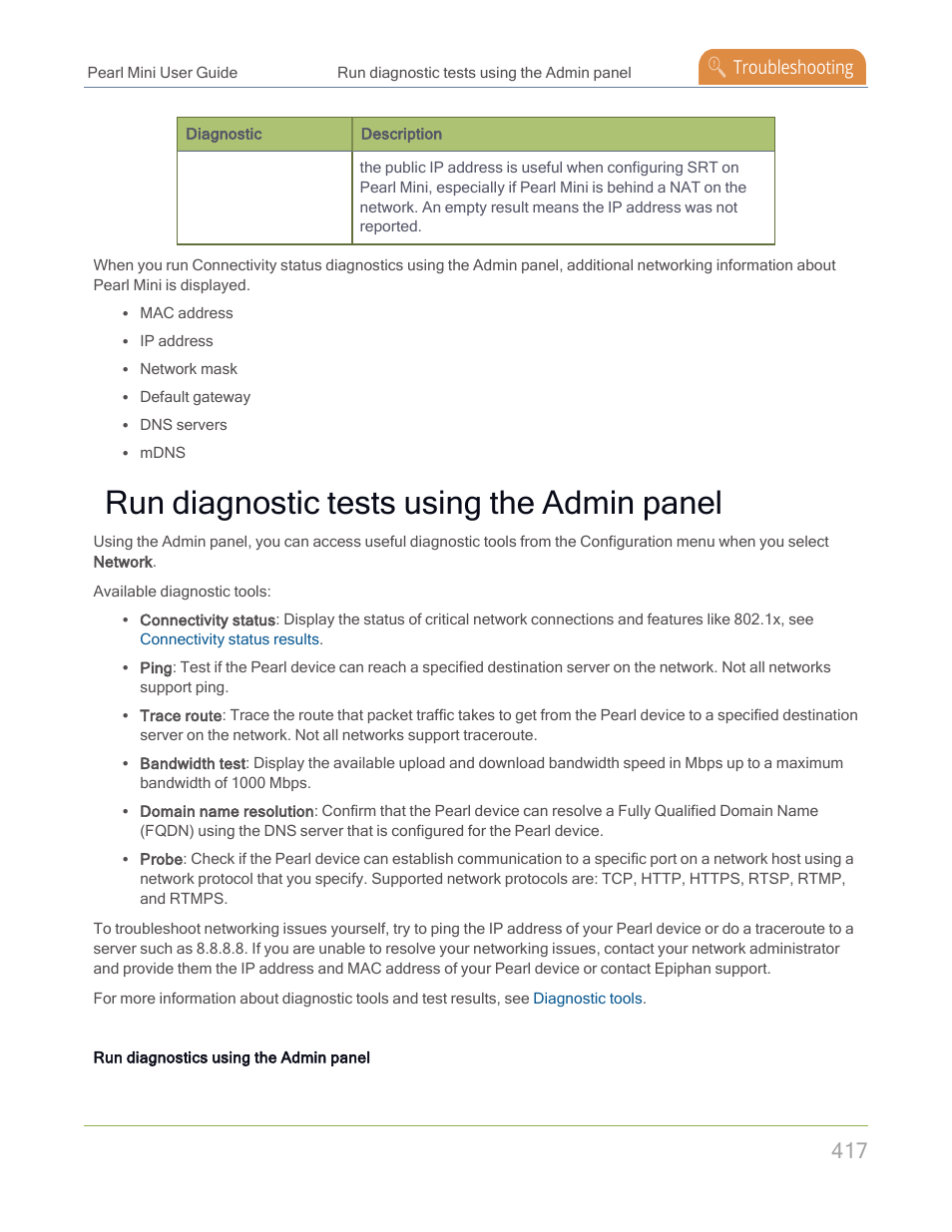 Run diagnostic tests using the admin panel | Epiphan Pearl Mini Live Video Production System with 512GB SSD (NA/JP) User Manual | Page 428 / 459