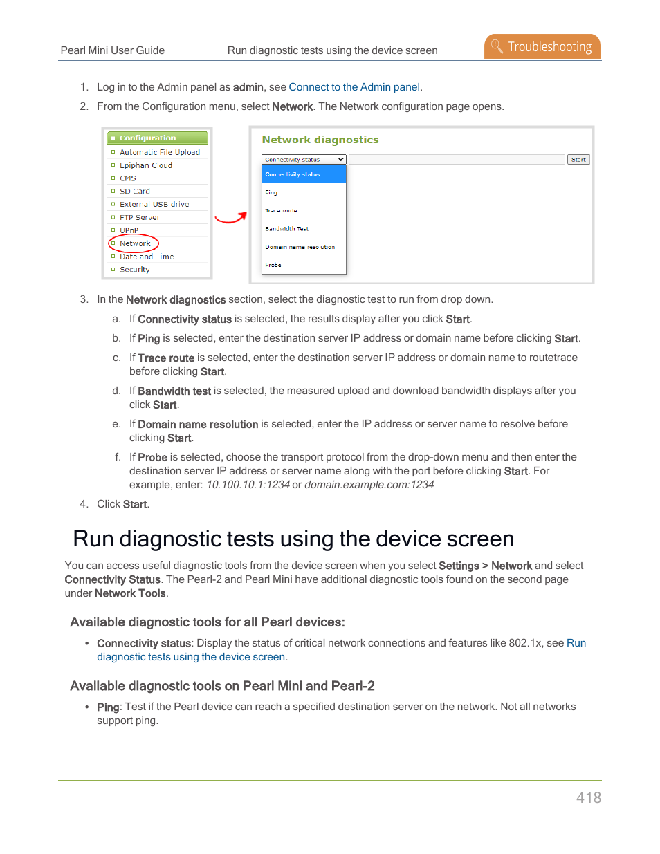 Run diagnostic tests using the device screen | Epiphan Pearl Mini Live Video Production System with 512GB SSD (NA/JP) User Manual | Page 429 / 459