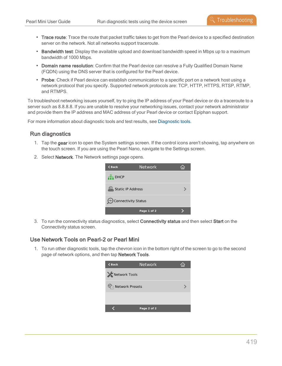 Run diagnostics, Use network tools on pearl-2 or pearl mini | Epiphan Pearl Mini Live Video Production System with 512GB SSD (NA/JP) User Manual | Page 430 / 459