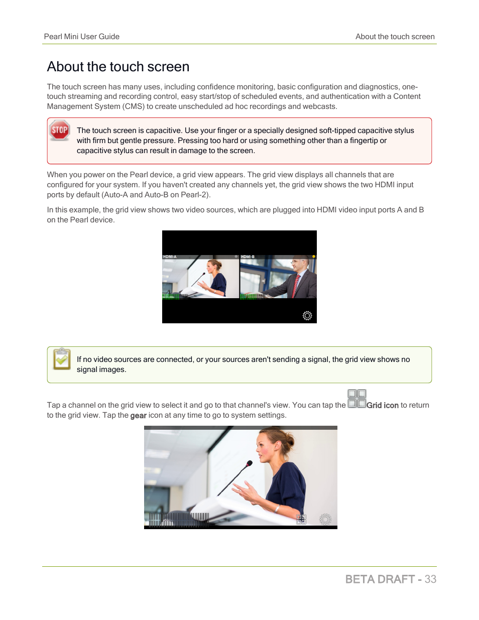 About the touch screen, Beta draft - 33 | Epiphan Pearl Mini Live Video Production System with 512GB SSD (NA/JP) User Manual | Page 44 / 459