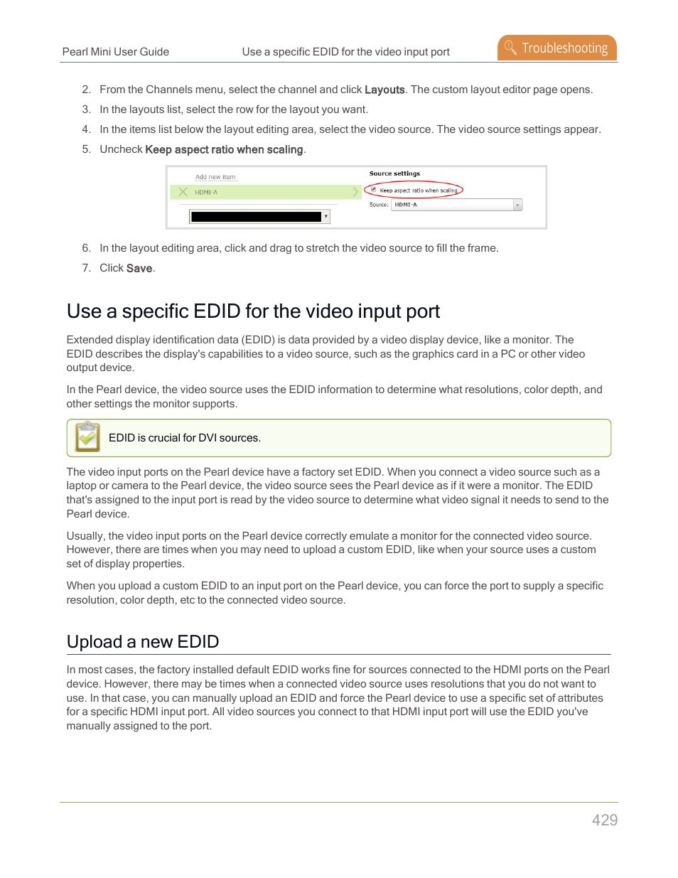 Use a specific edid for the video input port, Upload a new edid | Epiphan Pearl Mini Live Video Production System with 512GB SSD (NA/JP) User Manual | Page 440 / 459