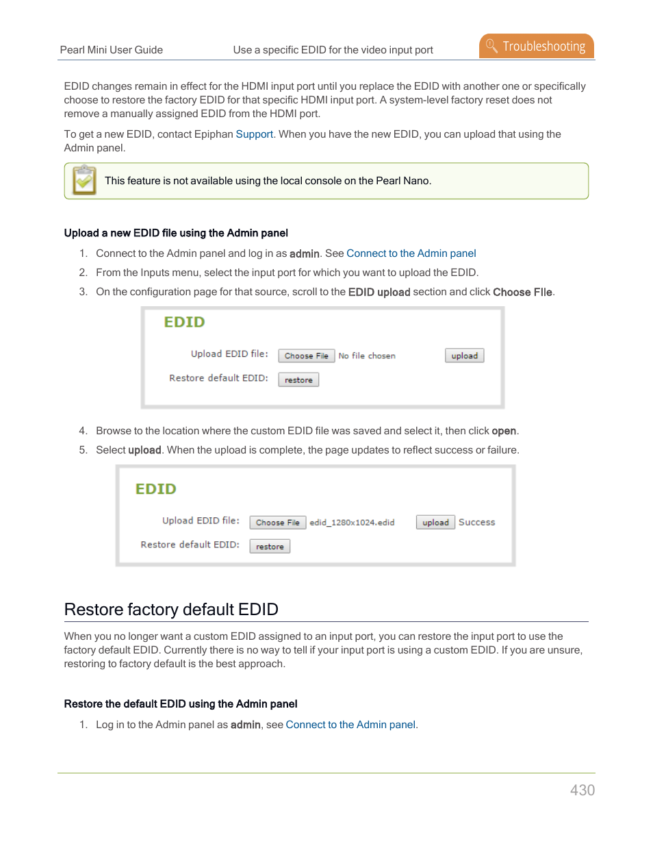 Restore factory default edid | Epiphan Pearl Mini Live Video Production System with 512GB SSD (NA/JP) User Manual | Page 441 / 459