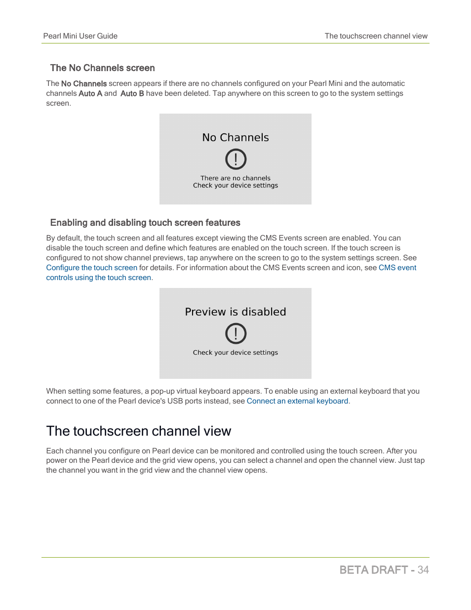 The touchscreen channel view, Beta draft - 34 | Epiphan Pearl Mini Live Video Production System with 512GB SSD (NA/JP) User Manual | Page 45 / 459