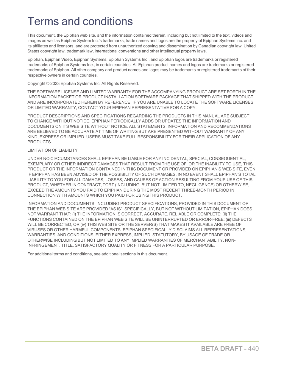 Terms and conditions, Beta draft - 440 | Epiphan Pearl Mini Live Video Production System with 512GB SSD (NA/JP) User Manual | Page 451 / 459