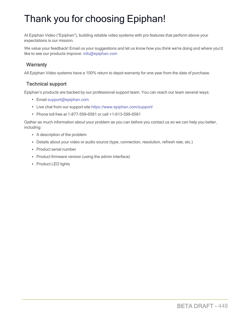 Beta draft - 448, Warranty, Technical support | Epiphan Pearl Mini Live Video Production System with 512GB SSD (NA/JP) User Manual | Page 459 / 459