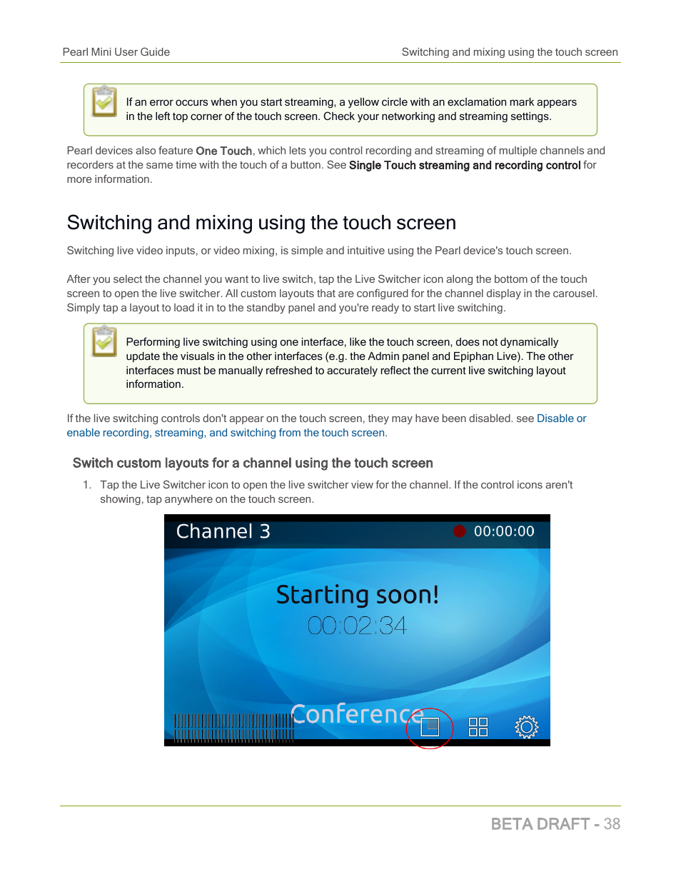 Switching and mixing using the touch screen, Beta draft - 38 | Epiphan Pearl Mini Live Video Production System with 512GB SSD (NA/JP) User Manual | Page 49 / 459