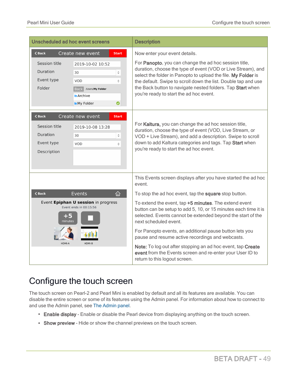 Configure the touch screen, Beta draft - 49 | Epiphan Pearl Mini Live Video Production System with 512GB SSD (NA/JP) User Manual | Page 60 / 459