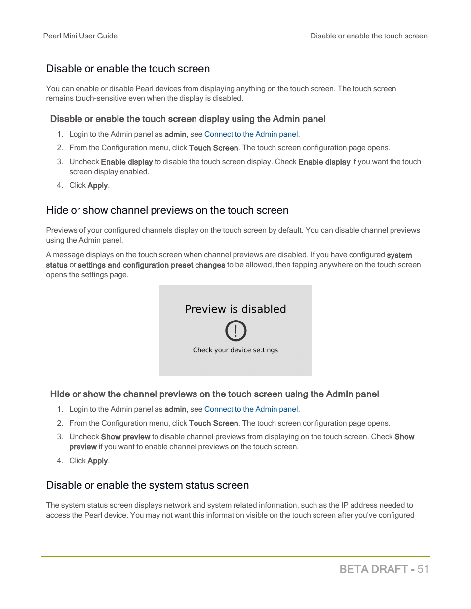 Disable or enable the touch screen, Hide or show channel previews on the touch screen, Disable or enable the system status screen | Beta draft - 51 | Epiphan Pearl Mini Live Video Production System with 512GB SSD (NA/JP) User Manual | Page 62 / 459
