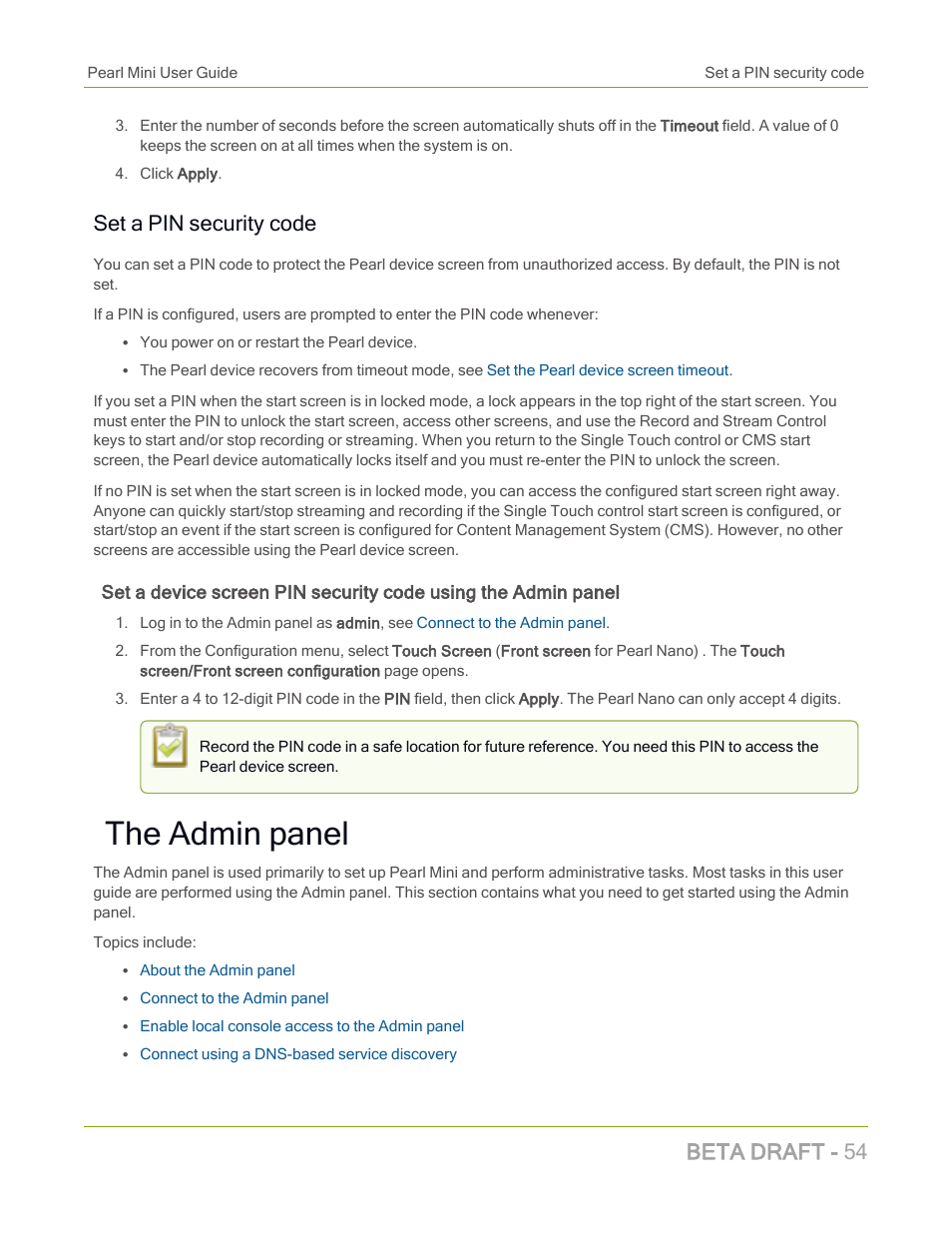 The admin panel, Set a pin security code, Beta draft - 54 | Epiphan Pearl Mini Live Video Production System with 512GB SSD (NA/JP) User Manual | Page 65 / 459