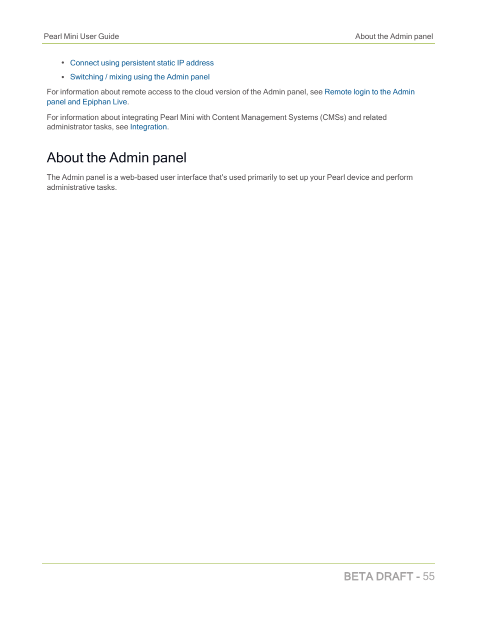 About the admin panel, Beta draft - 55 | Epiphan Pearl Mini Live Video Production System with 512GB SSD (NA/JP) User Manual | Page 66 / 459