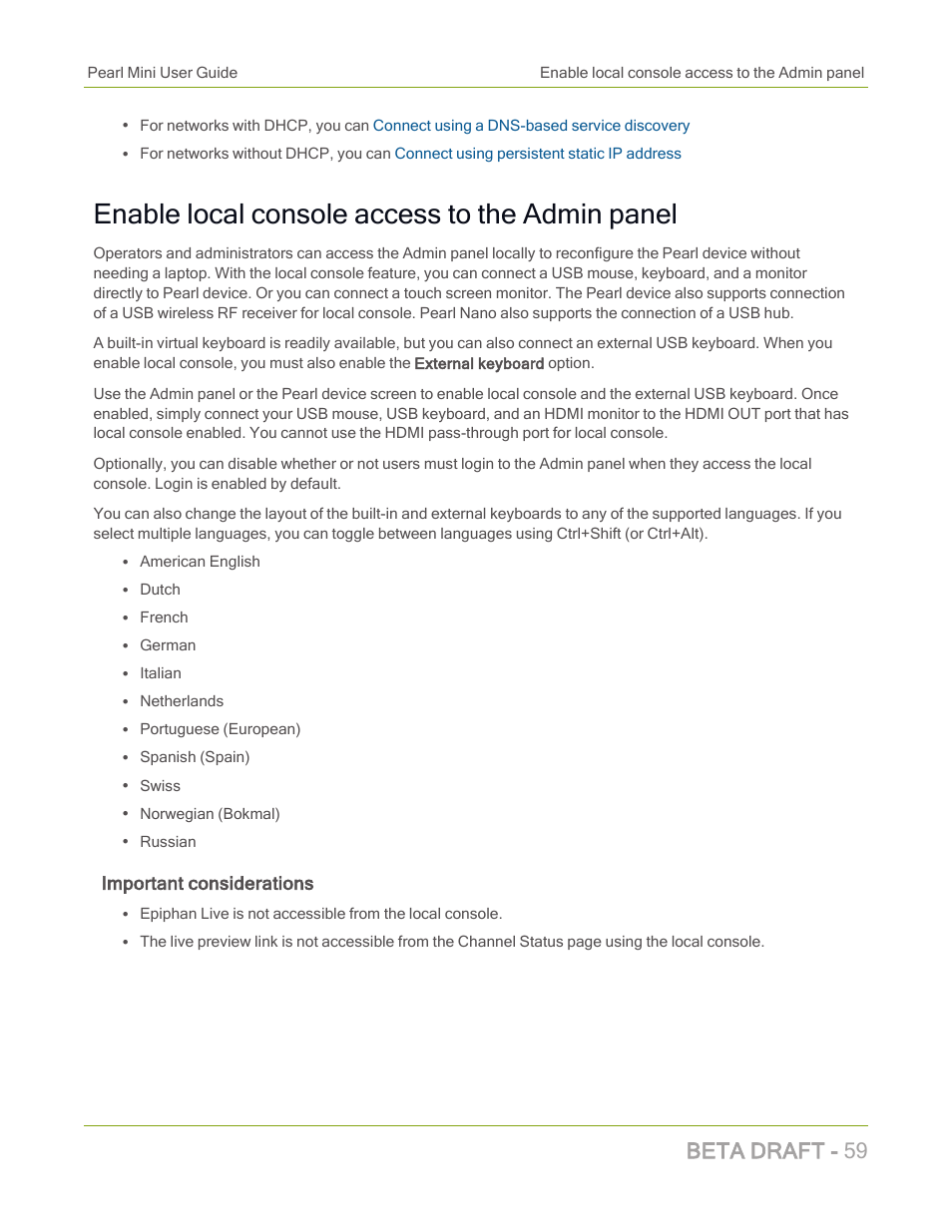 Enable local console access to the admin panel, Beta draft - 59, Important considerations | Epiphan Pearl Mini Live Video Production System with 512GB SSD (NA/JP) User Manual | Page 70 / 459