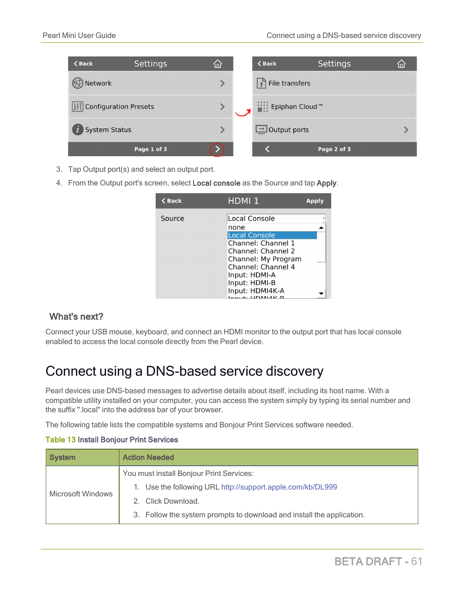 Connect using a dns-based service discovery, Beta draft - 61 | Epiphan Pearl Mini Live Video Production System with 512GB SSD (NA/JP) User Manual | Page 72 / 459