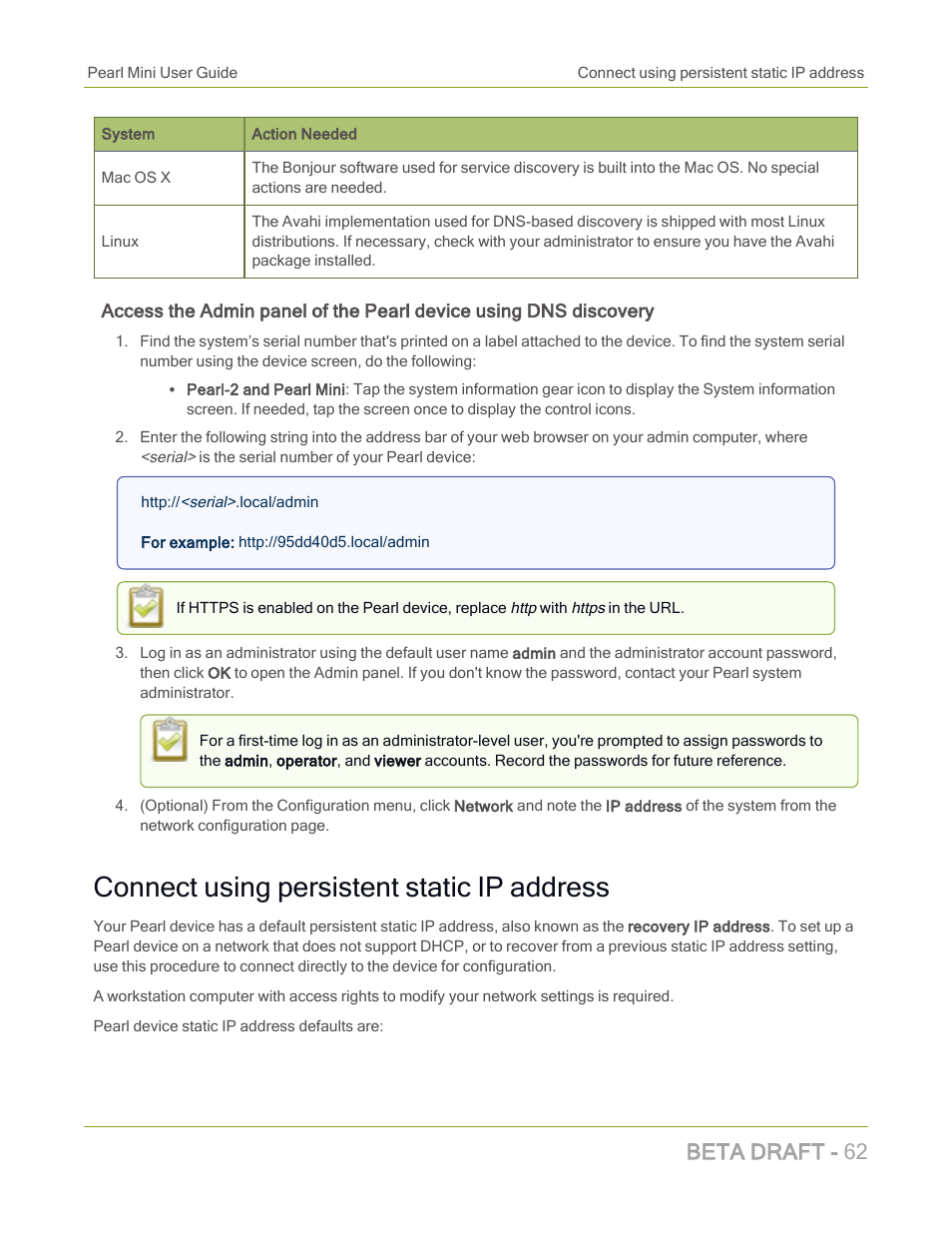 Connect using persistent static ip address, Beta draft - 62 | Epiphan Pearl Mini Live Video Production System with 512GB SSD (NA/JP) User Manual | Page 73 / 459