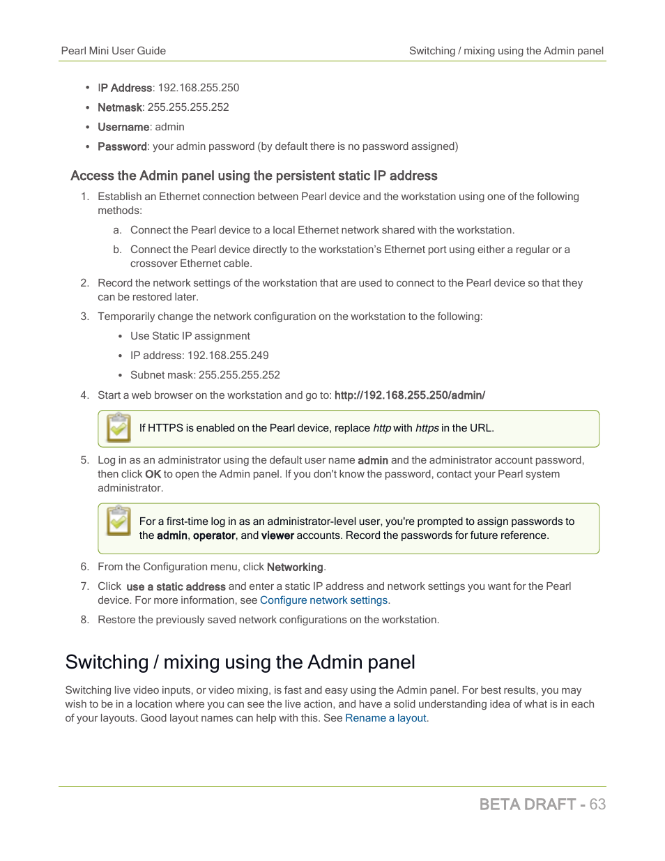 Switching / mixing using the admin panel, Beta draft - 63 | Epiphan Pearl Mini Live Video Production System with 512GB SSD (NA/JP) User Manual | Page 74 / 459