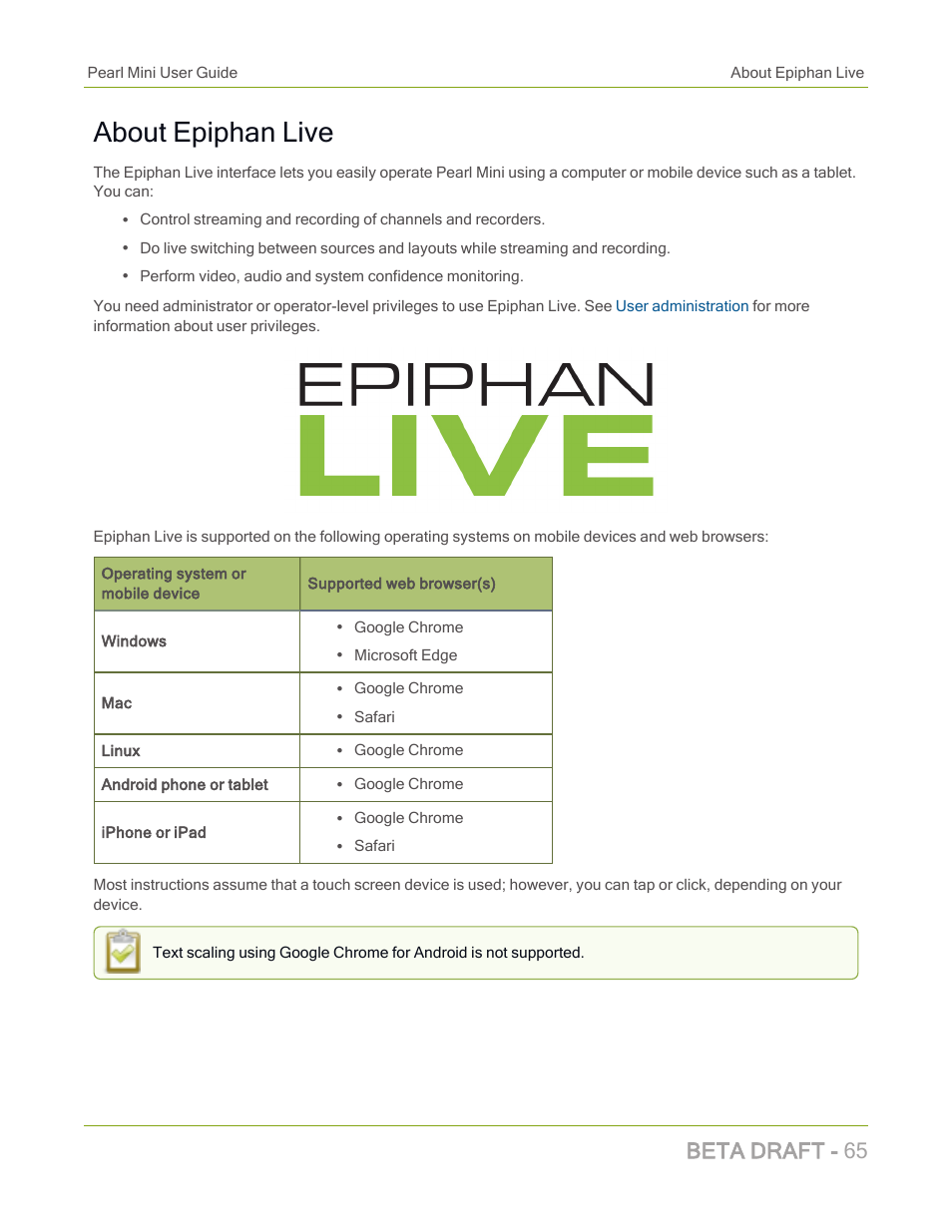 About epiphan live, Beta draft - 65 | Epiphan Pearl Mini Live Video Production System with 512GB SSD (NA/JP) User Manual | Page 76 / 459