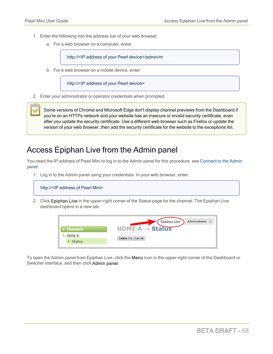 Access epiphan live from the admin panel, Beta draft - 68 | Epiphan Pearl Mini Live Video Production System with 512GB SSD (NA/JP) User Manual | Page 79 / 459