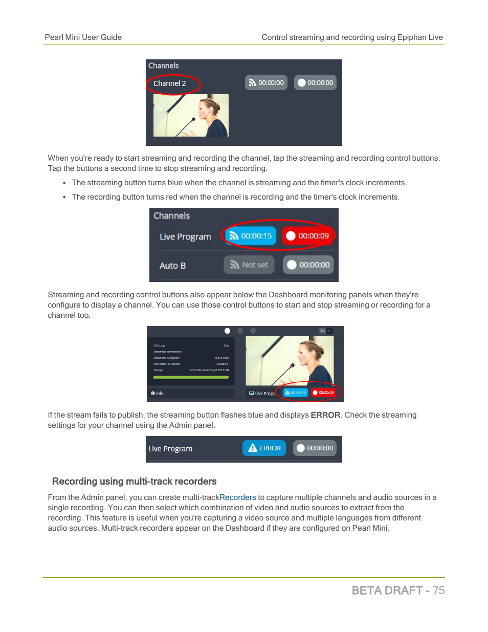 Beta draft - 75, Recording using multi-track recorders | Epiphan Pearl Mini Live Video Production System with 512GB SSD (NA/JP) User Manual | Page 86 / 459