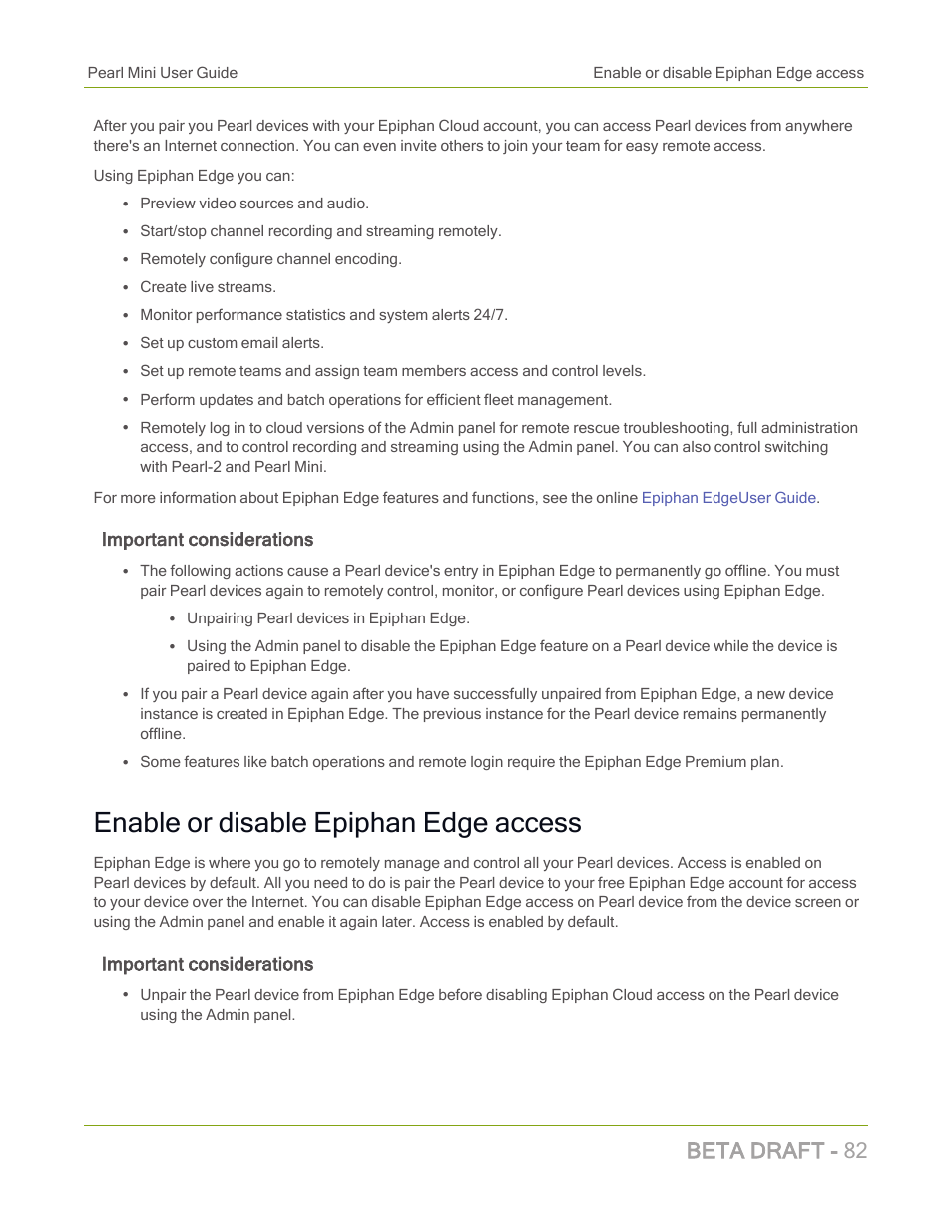 Enable or disable epiphan edge access, Beta draft - 82, Important considerations | Epiphan Pearl Mini Live Video Production System with 512GB SSD (NA/JP) User Manual | Page 93 / 459