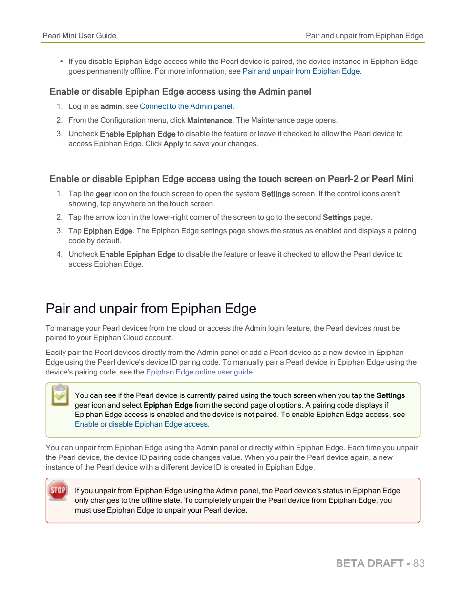 Pair and unpair from epiphan edge, Beta draft - 83 | Epiphan Pearl Mini Live Video Production System with 512GB SSD (NA/JP) User Manual | Page 94 / 459