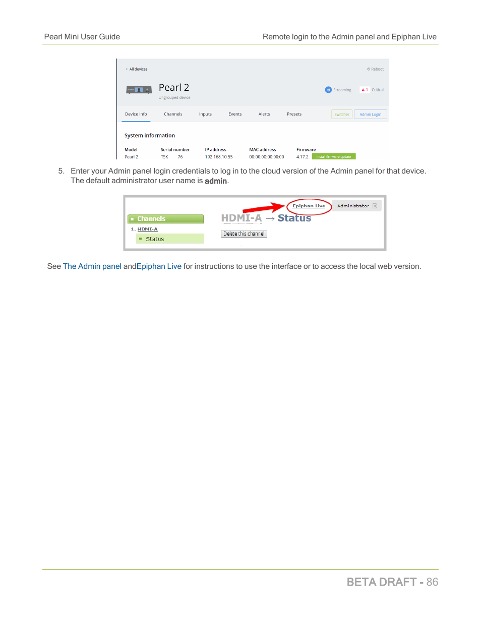 Beta draft - 86 | Epiphan Pearl Mini Live Video Production System with 512GB SSD (NA/JP) User Manual | Page 97 / 459