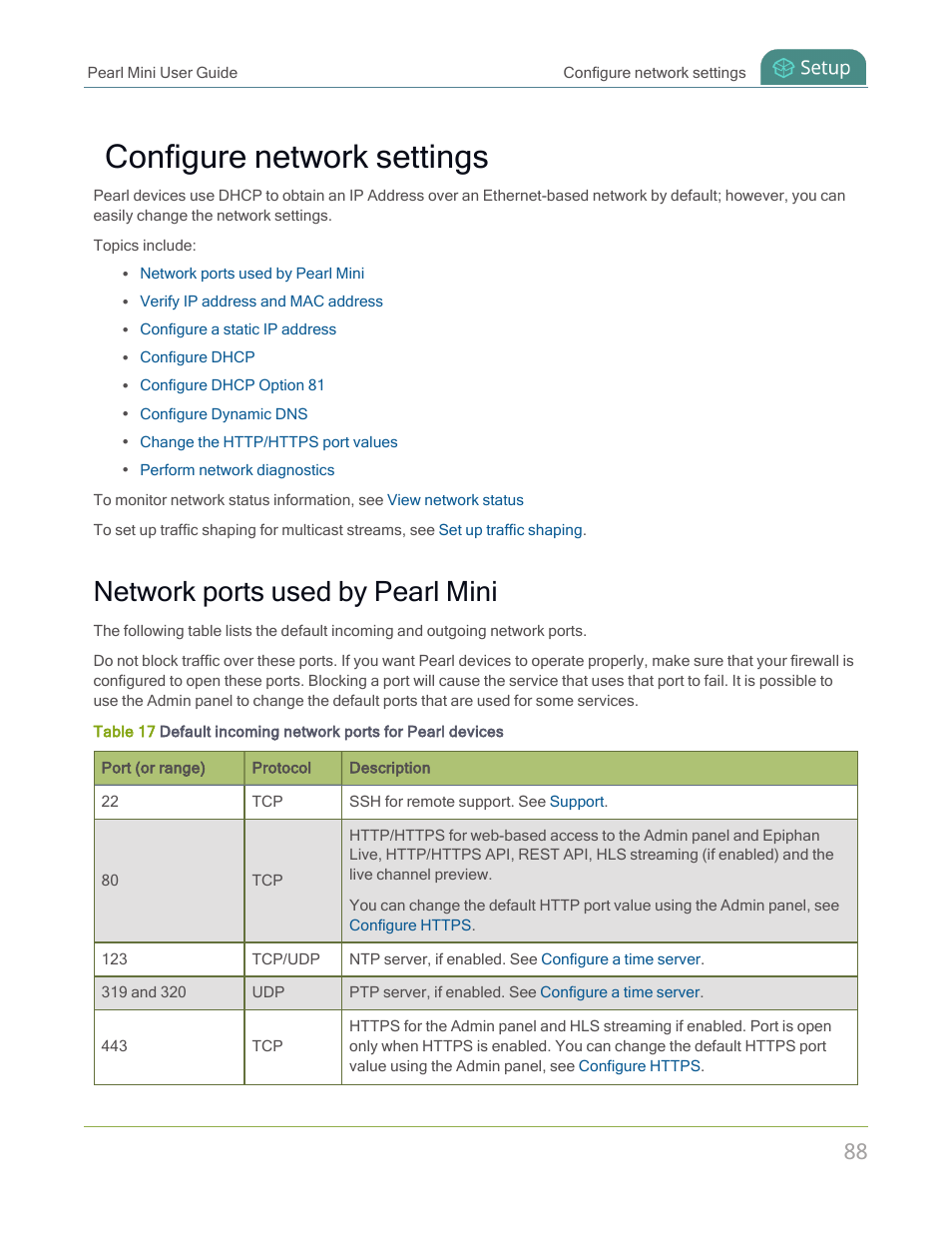 Configure network settings, Network ports used by pearl mini | Epiphan Pearl Mini Live Video Production System with 512GB SSD (NA/JP) User Manual | Page 99 / 459