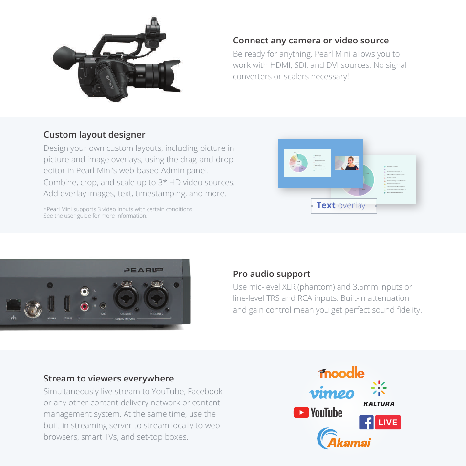 Connect any camera or video source, Pro audio support, Stream to viewers everywhere | Custom layout designer, Text overlay | Epiphan Pearl Mini Live Video Production System User Manual | Page 4 / 8