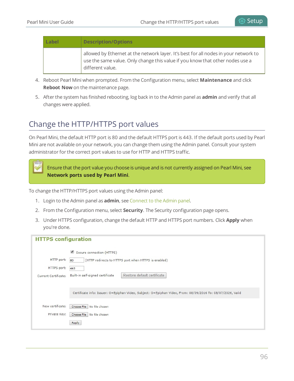 Change the http/https port values | Epiphan Pearl Mini Live Video Production System User Manual | Page 107 / 438