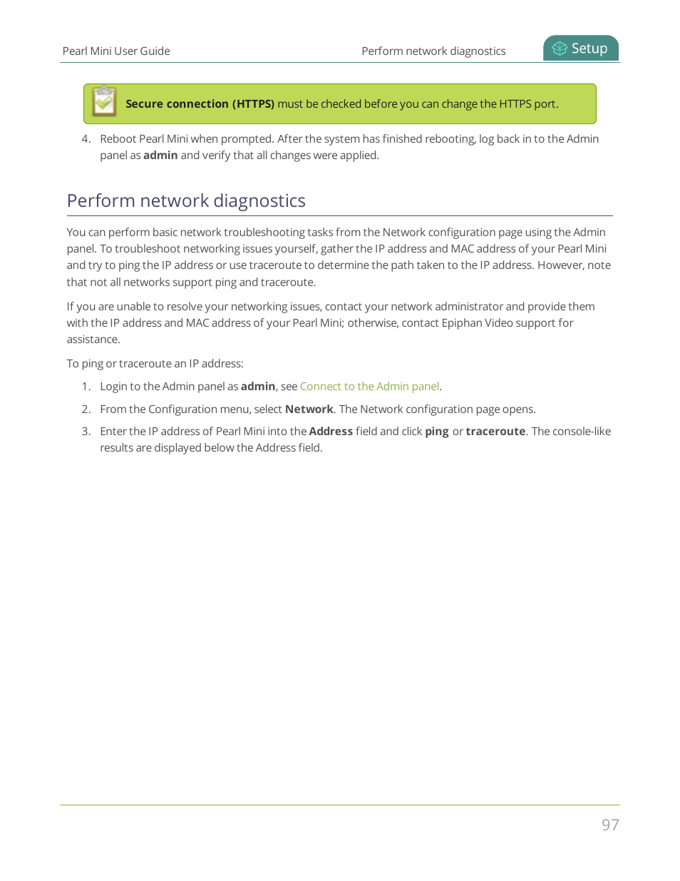 Perform network diagnostics | Epiphan Pearl Mini Live Video Production System User Manual | Page 108 / 438