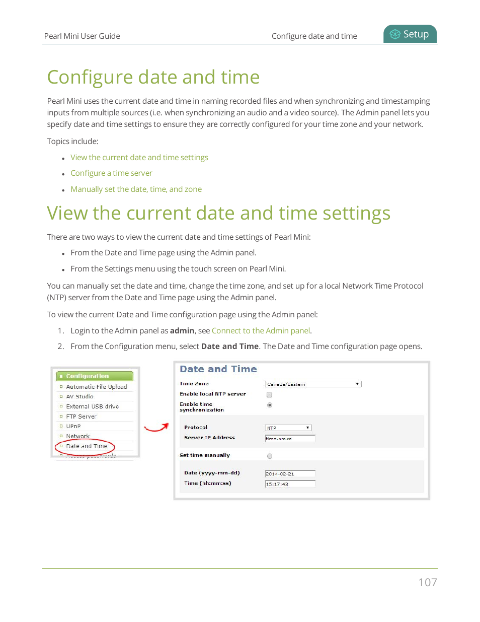 Configure date and time, View the current date and time settings | Epiphan Pearl Mini Live Video Production System User Manual | Page 118 / 438