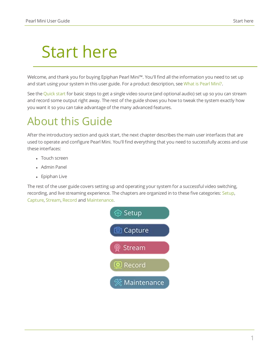 Start here, About this guide | Epiphan Pearl Mini Live Video Production System User Manual | Page 12 / 438